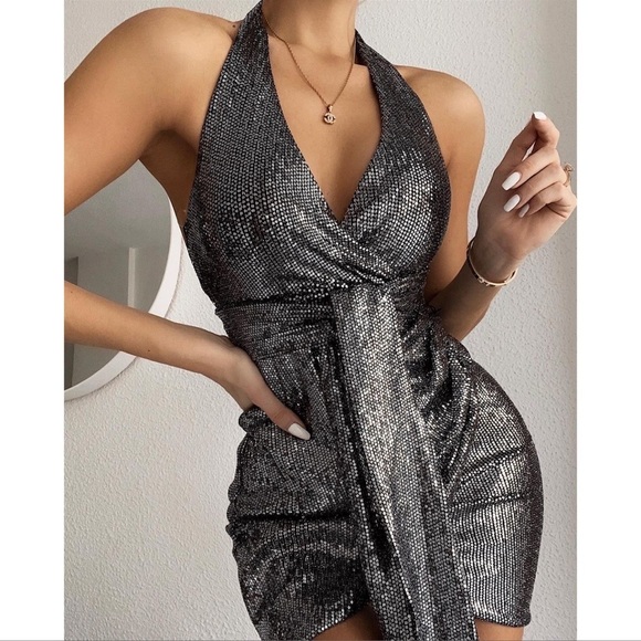 NOOKIE Bellagio Mini Halter Dress In Gunmetal - Picture 1 of 9